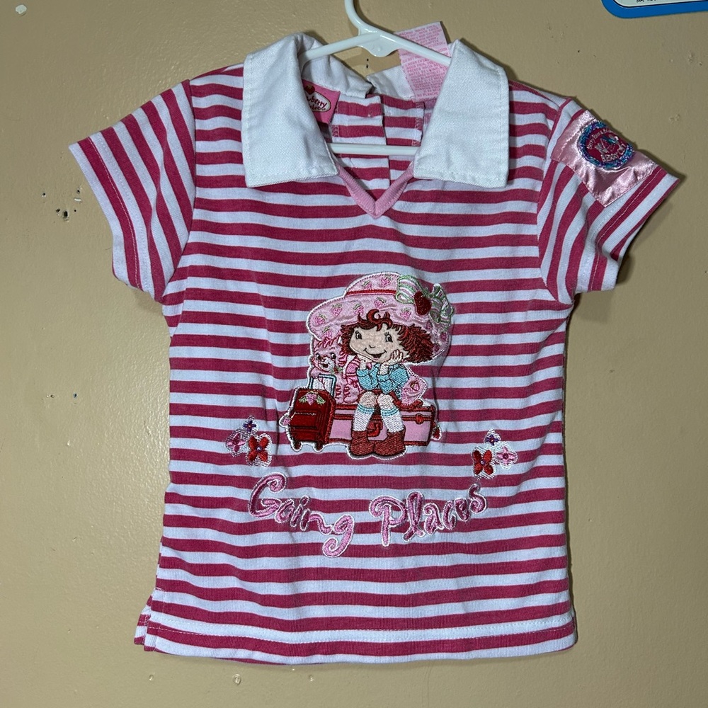 2004 Strawberry Shortcake + Cat Custard Going Places Embroidered Polo Shirt Sz 6